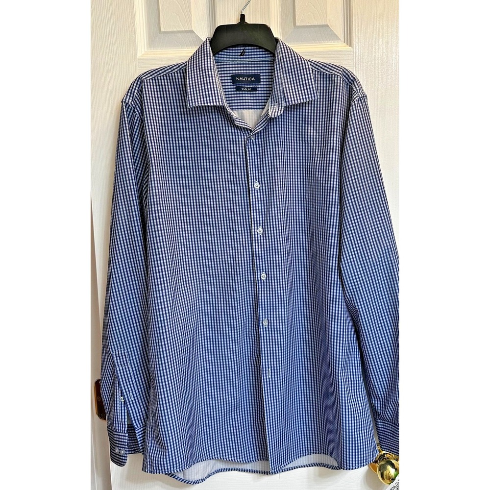 Nauticia Men's Slim Fit Long Sleeve Wrinkle FreeBlue check shirt 16-16 1/2 Large